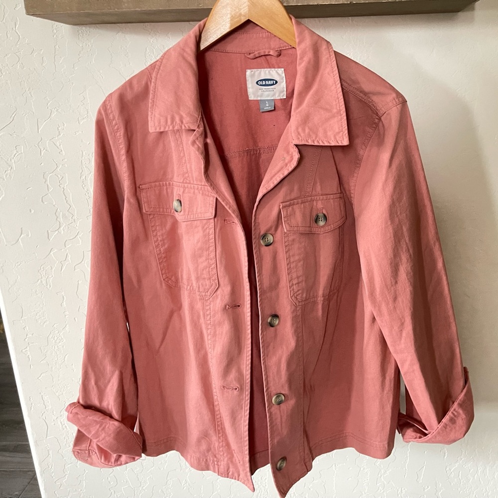 Colorful Oversized Denim Shirt/Jacket, Old Navy Size Large—Light Coral/Pink